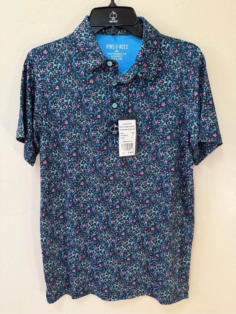 Pins & Aces Golf Polo Shirt Fluorescent Floral Yale Blue All Over Print Mens S